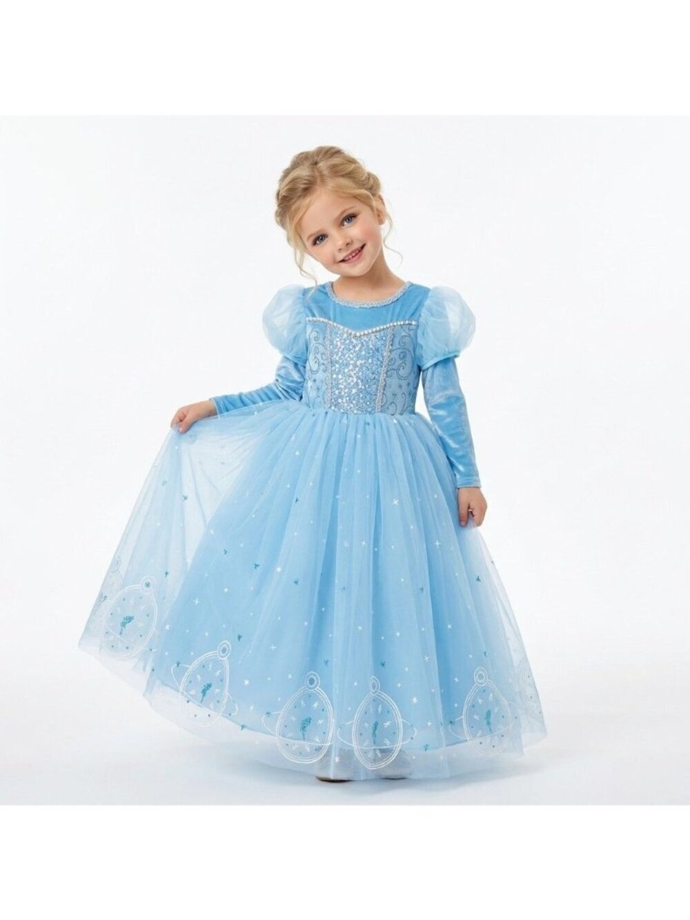 Girls Elsa Princess Costume Dress Light Blue Velvet Tulle Sparkle Birthday Party